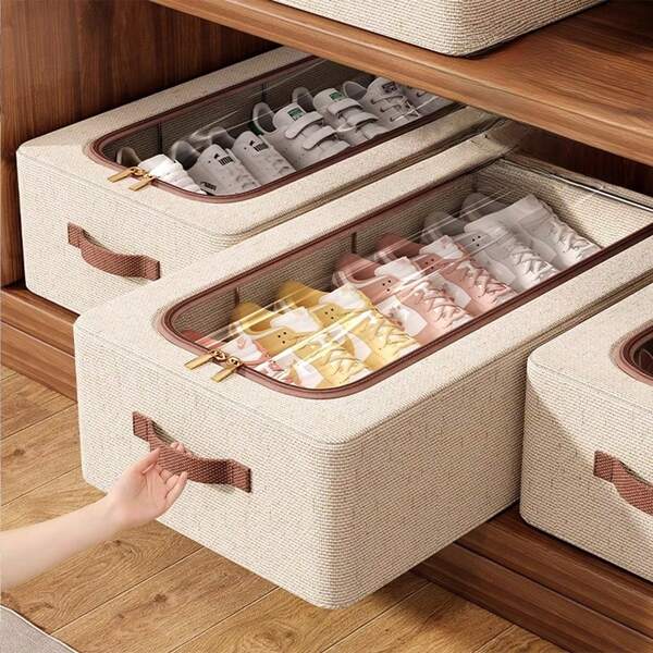 1pc Linen Shoe Storage Box, Wardrobe Underbed Shoe Organizer, Moisture-Proof Dust-Proof, Foldable, Suitable For Dorm, Wardrobe, Underbed Organization