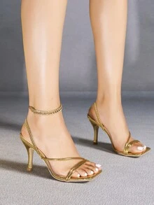 Sandale cu toc înalt stiletto aurii pentru femei, vârful pătrat, stil petrecere sexy, minimaliste, confortabile, cu toc înalt, măgulitoare și alungitoare