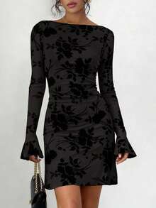 Women's Spring And Fall Fashion Floral Long Sleeve Mini Dress Mesh Bodycon Short Party Date Night Going Out Dresses Dhristmas New Years Valentine Vacation Dresses For Women - 黑色 - 查看 3