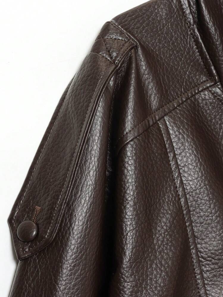 SHEIN x Luisa Sonza Seelio Autumn/Winter New Women's Fashion Leather Jacket, Minimalist European Style, Versatile Litchi Texture - Brown - View 7