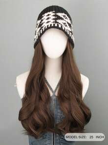 二合一针织帽配长卷发假发，女士假发帽，带假发的帽子，冬季保暖无缝发饰 - 彩色 - 查看 4