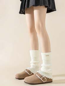 2 Pairs Women's Thick Warm Metal Logo Fashion JK Style Knee High Leg Warmers, Autumn/Winter, Cozy