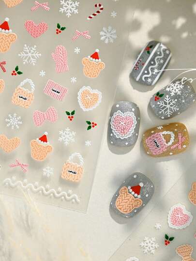 1 Peça Adesivos de Unhas Xadrez Retrô de Natal, Novos Adesivos Decorativos de Natal com Urso de Pelúcia Fofo, Boneco de Neve, Xadrez e Coração para Decoração de Manicure DIY