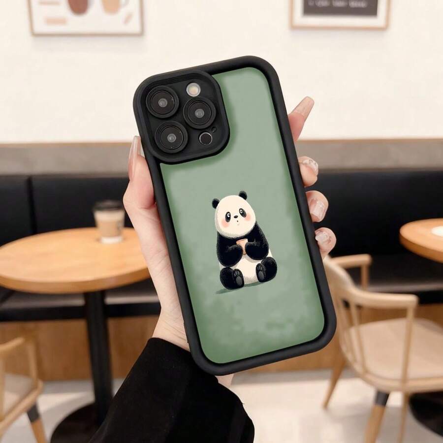 Cubierta de telefono con borde negro y fondo verde claro con estampado de oso panda lindo para uso diario en cafeterias y espacios urbanos Aplicable a los teléfonos de la serie Apple y Galaxy - Negro - Ver 1