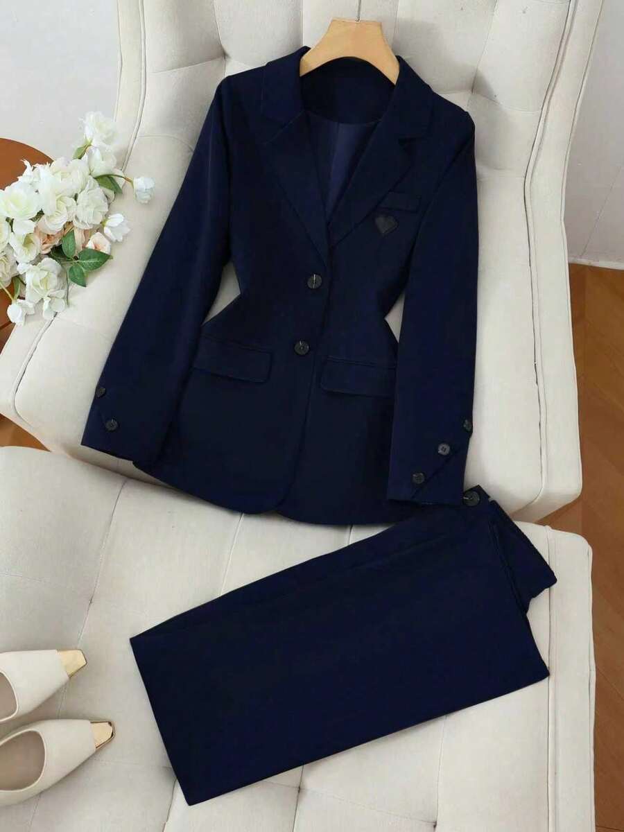 Solid Color Single Button Long Sleeve Single-Breasted Waistcoat Suit Pants Two-Piece Set - Xanh đậm - Xem 1