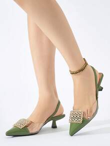 Giày cao gót hở mũi đính đá Rhinestone cho nữ, thanh lịch và thoải mái, thích hợp cho các bữa tiệc trang trọng, đám cưới, dạ tiệc vào mùa thu/đông, giày cao gót màu xanh lá cây - màu xanh lá - Xem 4