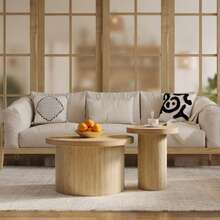 Coffee Table, Double Round Table, Side Table With Natural Wood Slats. Multifunctional Living Room Table. - Natural Walnut Wood Color - View 9