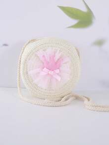 1 pezzo Mini borsa a tracolla per bambine in materiale di paglia con fiocco in rete, chiusura con cerniera, tracolla in corda di cotone, adatta per spiaggia e uso quotidiano, borsa portamonete casual