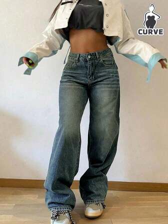 Women's Vintage Simple Elastic Waist Loose Straight Leg Jeans
