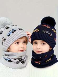 2pcsBoys' Winter Warm Hat And Scarf Set With Truck And Car Winter Adventure Patterns - Thick Knit Balaklava Hat And Brimless Beanie, Elastic For Outdoor Play, Comfortable Cold Weather Clothing, Perfect Christmas And Thanksgiving Outfit - Multicolor - View 3
