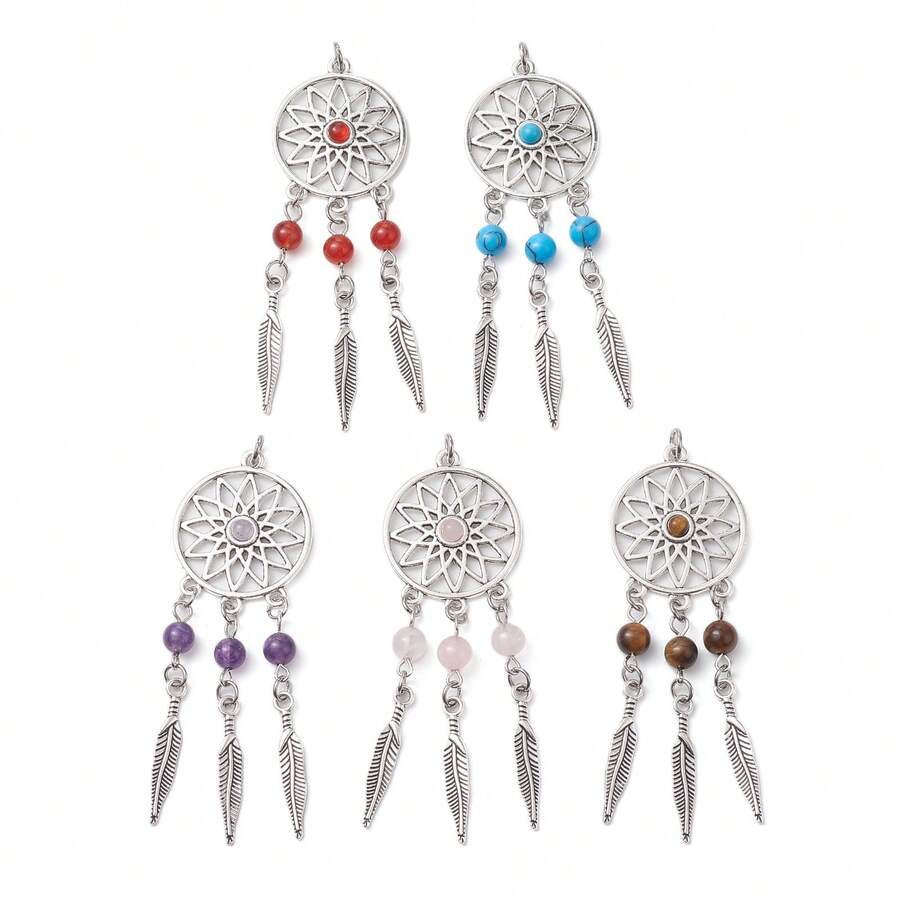 5 piezas, 5 estilos de colgantes de piedras naturales y sintéticas, tela metálica tejida/red con encantos de plumas, plateado, 78~80x26.5x4mm, orificio: 4mm, 1 pieza/estilo, para hacer collares, pulseras y suministros de joyería