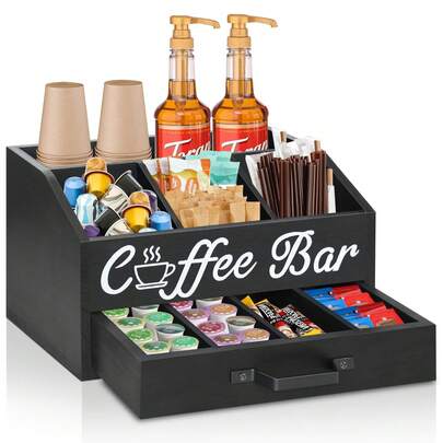 Wood Coffee Bar Organizer With Drawer Countertop, Rustic Coffee Bar Accessories Coffee Station Organizer, Coffee Pod Holder, Coffee Bar Condiment Accessories And Storage For Coffee Decor- Coffee Bar For Home, Kitchen, Dining Area, Office & Breakroom - Natural Wood, 4 Compartments, 2-Tier, Black