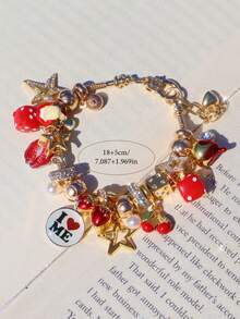 1 pieza Pulsera con dije de dados con estrella y niña, 1 pieza Pulsera gótica oscura con cabeza de demonio de cereza, 1 pieza Pulsera con eslogan de autoamor, 1 pieza Pulsera ajustable con labios rojos Y2K DIY