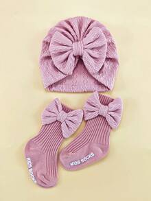 2件套新生儿弹力提花发带帽+袜子套装，0-6个月婴儿蝴蝶结襁褓帽可爱柔软婴儿帽头饰套装 - 彩色 - 查看 3