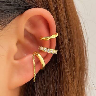 Set de 3 piezas de abrazaderas para la oreja sin perforar de tono dorado elegante con brillantes rhinestones, diseño de cadena en forma de C - Ideal como accesorio diario y de fiesta para mujeres