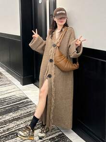 フリンジ付きロングカーディガン 秋冬新作 ゆったりシルエットでこなれ感たっぷり 大人ナチュラルコーデにぴったり - ブラウン - チェックする 1