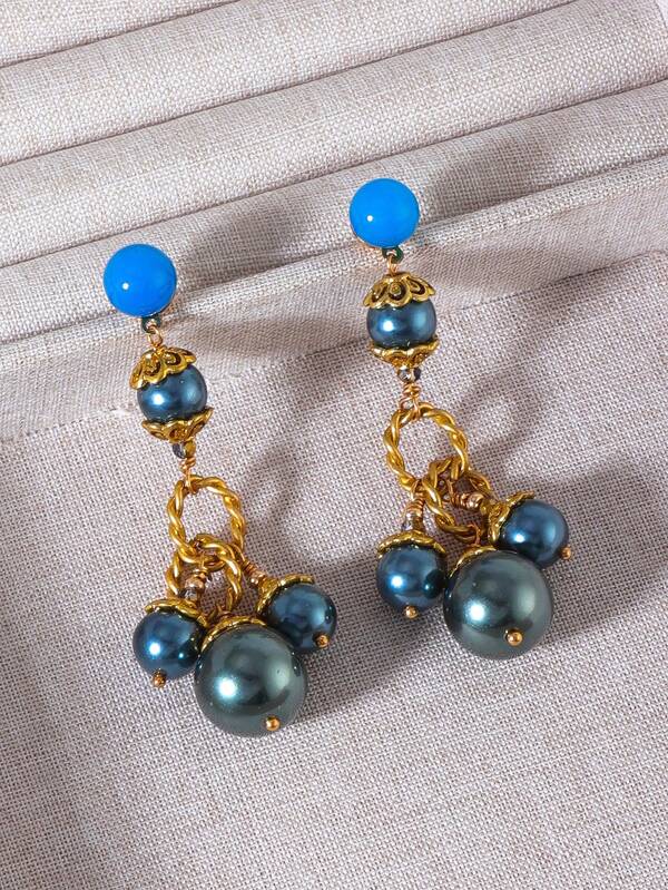 1 Pair Retro Fashionable Blue Faux Pearl [Glass] Metal Stylish Personalized Versatile Elegant Earrings For Women, Suitable For Daily Wear