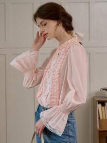 Simple Retro Camisa casual versátil de uso diario con cuello de corbata y pliegues para mujer - Rosa - Ver 4