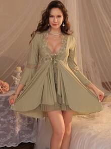 Conjunto de 3 piezas de camisón de mujer de unicolor y sexy con adorno de encaje, tirantes desmontables, busto acolchado, cierre delantero, incluye bata y conjunto de pantaletas a juego