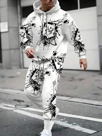 3D男士时尚连帽衫套装，扑克字母印花图案，两件套连帽衫和裤子，可机洗，适合日常休闲和户外活动。