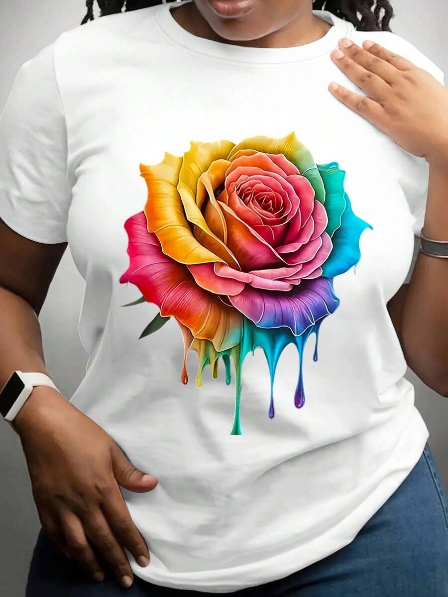 Camiseta 100% algodón Casual Blanca para Mujer Talla Grande con Estampado Floral Rosa y Multicolor - Blusa de Manga Corta y Cuello Redondo, Ideal para Uso Diario en Primavera y Verano, Fiestas y Outfits, Lavable a Máquina (Flores Rosas, Amarillo, Marrón, Melocotón)