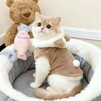 1pc Pet Dog/Cat Clothes, New Cute Plush Bear Ear Hooded Warm Sweatshirt, Dog/Cat Autumn/Winter Fleece Vest With Leash, Anti-Shedding Pet Apparel