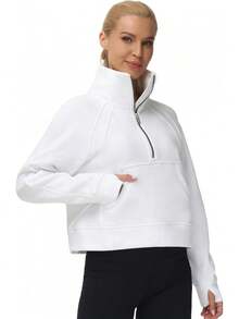 ¡RecomendadoSudadera con Media Cierre para Mujer, de Forro Polar, Cuello Alto, con Bolsillos, Agujero para el Pulgar¡Top de Temporada - Blanco sucio - Ver 3
