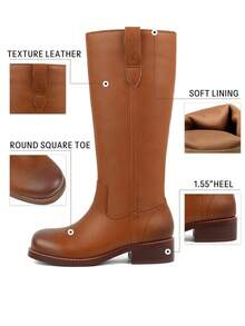 Women Campus Knee High Boots Square Toe Riding Boots Vintage Pull On Riding Boots Wide Calf Boots Chunky Block Low Heel Moto Boots - 棕色 - 查看 5