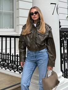 秋冬女式PU皮革翻领短款橄榄绿夹克仿皮拉链外套 - 橄欖綠 - 查看 3