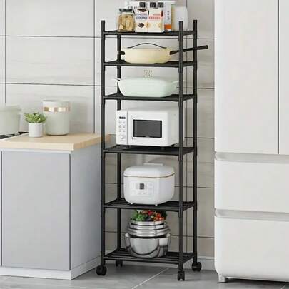 Piorlado 1pc 6-Tier Adjustable Rolling Metal Storage Cart | Multi-Purpose Organizer For Kitchen, Bedroom, Bathroom, And Laundry Room | Space-Saving Design With Wheels & Hooks, No-Drill Easy Installation, Removable Storage Rack For Bathroom Essentials, Black Iron Freestanding Organizer, Bathroom Organizers And Storage, Shelves