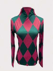 2024 New Spring/Autumn Women Printed Long Sleeve T-Shirt, Slim Fit Mock Neck Casual Undershirt - Hot Pink - View 4