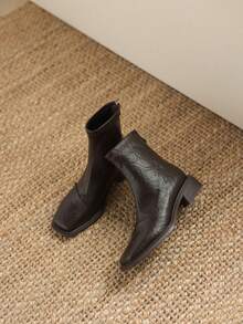 Women's French Style Versatile Ankle Boots, Fashionable Chunky Heel Short Boots With Back Zipper, Autumn/Winter - Brown - View 4