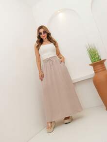 AMY FASHION STRIPED LENGTH SKIRT WITH SLIT AND BAG, THICK WAIST, 2025 FASHION - 卡其色 - 查看 2