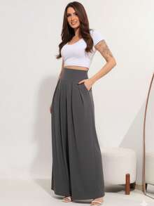 Wide-Leg, Loose-Fitting Palazzo Pants In Viscose/Lycra Knit Fabric With A Wide Waistband And High Waist And Pleats. - Dark Grey - View 2