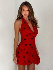 Chiffon Polka Dot Vintage Mini Skirt Red/Beige Two Colors For Women, High Waist Slimming Fashion Short Midi Skirt, Retro Edgy Style Slimming Skirt - 紅色 - 查看 2