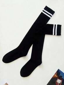 1 đôi tất cao đến đùi kẻ sọc màu trơn, tất dày qua đầu gối gợi cảm dành cho nữ, phong cách Y2K. - Nhiều màu - Xem 6