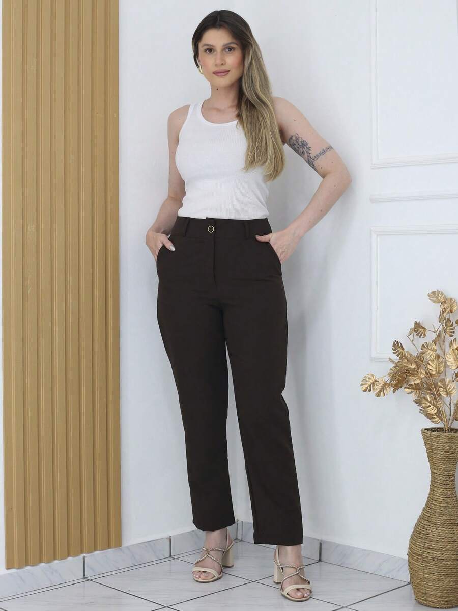 Women's Tailored Plain Trousers With Button - Maxma 6631 - 深棕色 - 查看 1