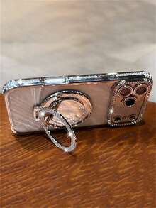 Luxury Shiny Rhinestone Lens Protect Plating Anti-Drop Case With Shiny Glitter Makeup Mirror Ring Holder Bracket Phone Case Compatible With IPhone 17ProMax 17Pro 17 16Promax 15 14 Plus 13 12 Pro Max 11 17Air High Quality Shockproof Bumper Back Cover - Silver - View 7