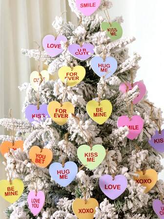 12pcs-Valentines Day Decor Tree Decorations,Wooden Candy Heart Tree Ornaments, Cute BE MINE LOVE FOREVER Wood Conversation Candy Heart For Home Wedding Gift Table Wall Door Hanging Decor