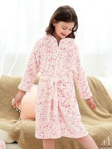 Tween Girl Pink Leopard Print Hooded Robe With Pockets - Multicolor - View 2