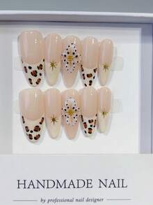 nailrosy 10 pezzi di unghie finte acriliche realizzate a mano, con stampa leopardata color albicocca, forma mandorla lunga e chiara, decorazioni floreali 3D, accessori per unghie per matrimoni, feste di compleanno, stile Y2K, unghie francesi carine, gel per intaglio 3D e fiori