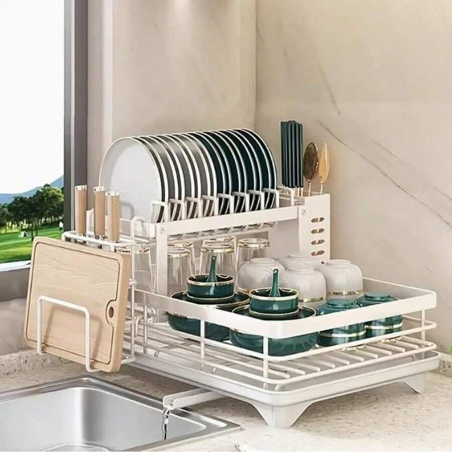 Dish Drying Rack, Two-Tier Removable Dish Rack, Suitable For Kitchen Countertops, Large-Capacity Dish Drainer, Kitchen Storage Rack With Knife And Cutting Board Holders, Efficiently Saves Space For Storing Plates, Bowls, Pots, And Utensils, Efficiently Stores Plates, Dish Drainer Rack. - White - View 1