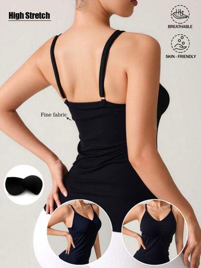 Versatile Black Fitted Breathable Camisole, European And American Style Casual V-Neck Sleeveless Top With Chest Pad, Suitable For Layering Or Sportswear