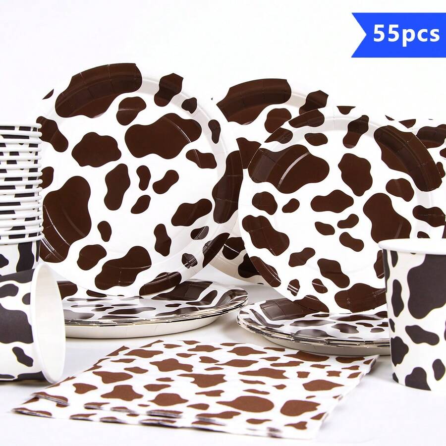 10pcs Brown Cow Print Disposable Tableware Set, Including Plates, Napkins And Cups, Suitable For 10 Guests, Disposable Paper Plates Party Supplies For Birthday, Wedding, Party, Family Picnic