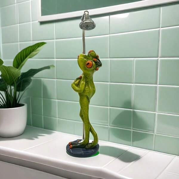 Decoración de baño de resina de rana verde estrafalaria - Soporte de ducha con estatua de estilo de dibujos animados, con ojos rojos y acentos naranjas, decoración creativa para el hogar y la oficina, excelente para regalos del Día de San Valentín, Día de la Madre, Graduación, accesorio de baño de rana, decoración interior, colores vibrantes, textura delicada, diseño juguetón, artesanía de alta calidad, decoración novedosa, esencial para las compras navideñas