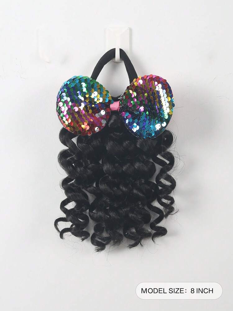 8 Inch Synthetic Ponytail Extensions With Elastic Curly Ponytail With Bow Kids Kids Ponytail Hair Extension 1pc - Natural Black - View 2