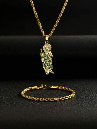 2 Peças Conjunto de Joias Vintage Dourado 18K Coração Sagrado de São Judas em Aço Inoxidável para Homens, Inclui Pulseira Trançada Dourada + Colar Pingente de São Judas Totalmente Cravejado de Zircônia, Presente de Joias Elemento Cristão para Namorado