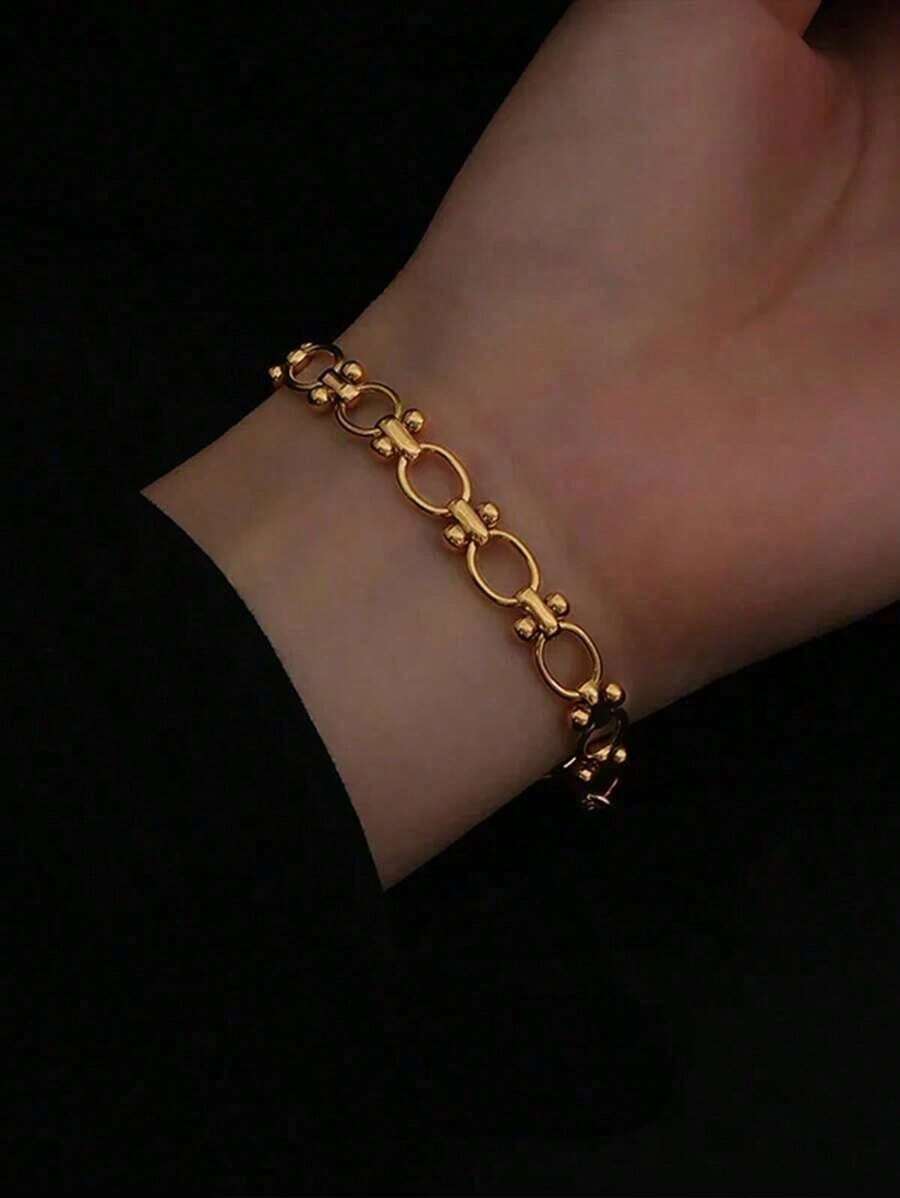 1pc Stainless Steel Unique Geometric Chain Design Punk Bracelet For Women, Suitable For Holidays And Gift Giving - 黃金 - 查看 1