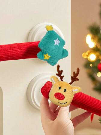 4pcs/Set Christmas Decor Cartoon Santa Claus Anti-Static Door Handle Cover, Room Protector, Christmas Bell