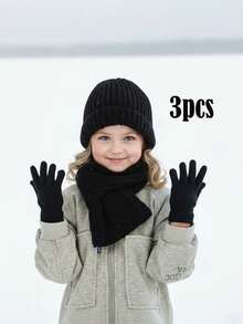 3pcs/Set Kids Knit Hat + Gloves + Scarf Set, Unisex Korean Style Warm Winter Accessory Set - 3 Pcs - View 12